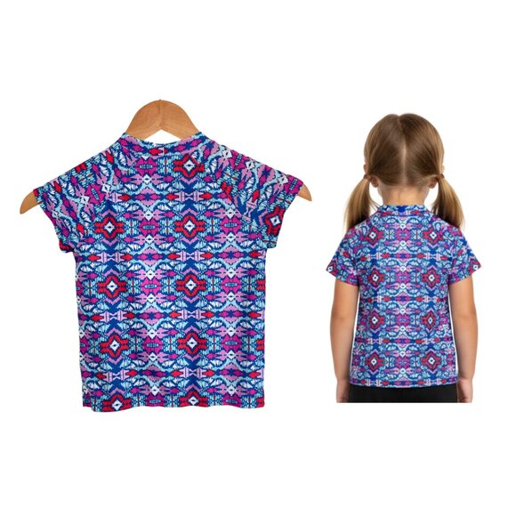 Gymboree Rash Guard Shirt Girls Small 5-6 Swim Aztec Ikat Print Pink Purple Blue - Picture 2 of 14
